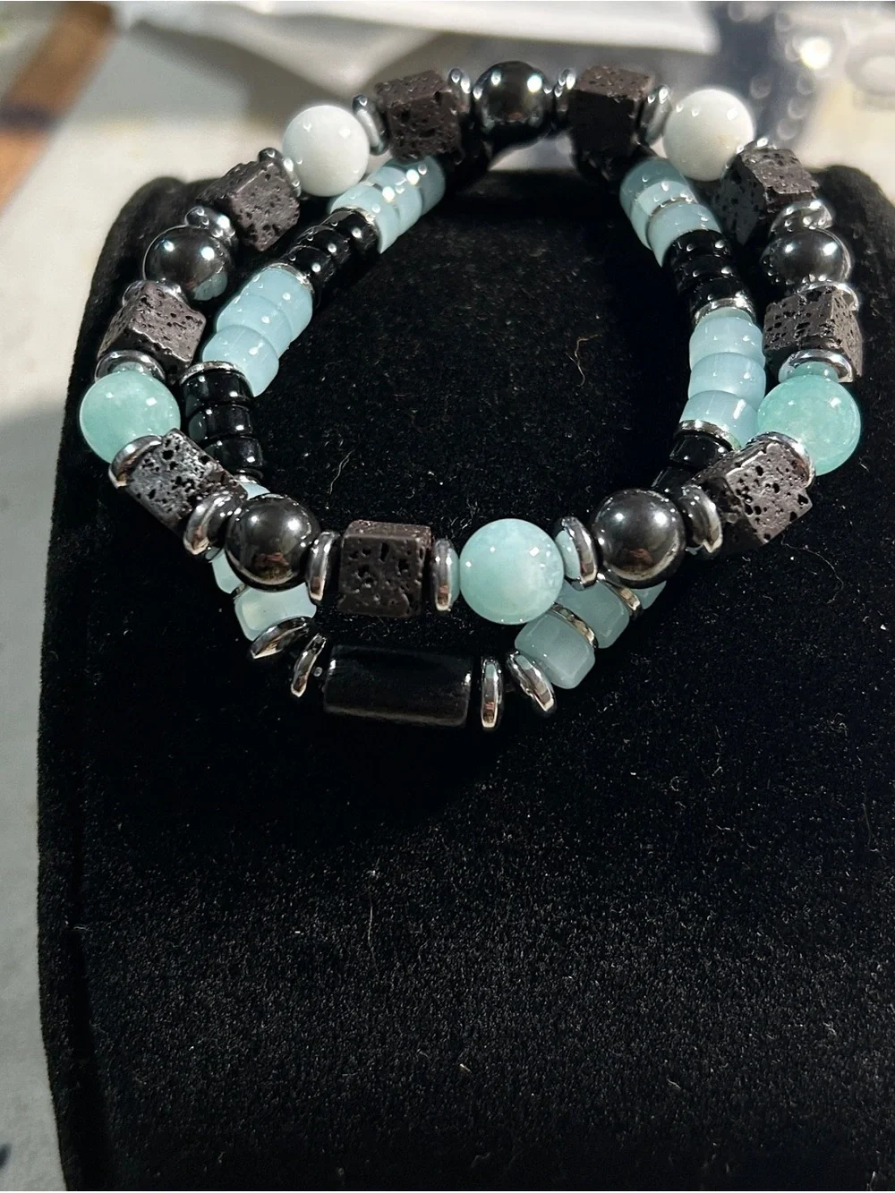 Stacked Black & Light Blue Beaded Men’s Bracelet Set